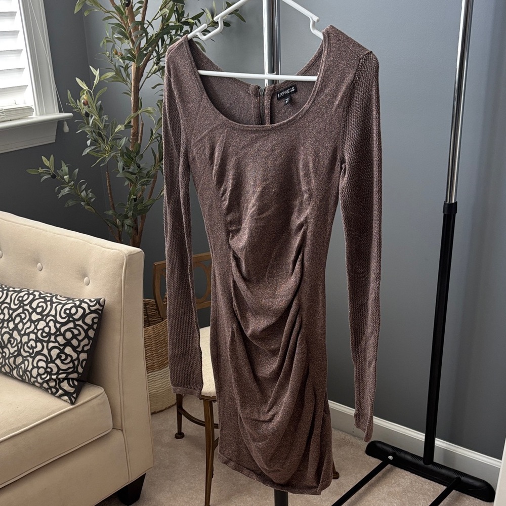 Express Shimmering Brown Long Sleeve Dress